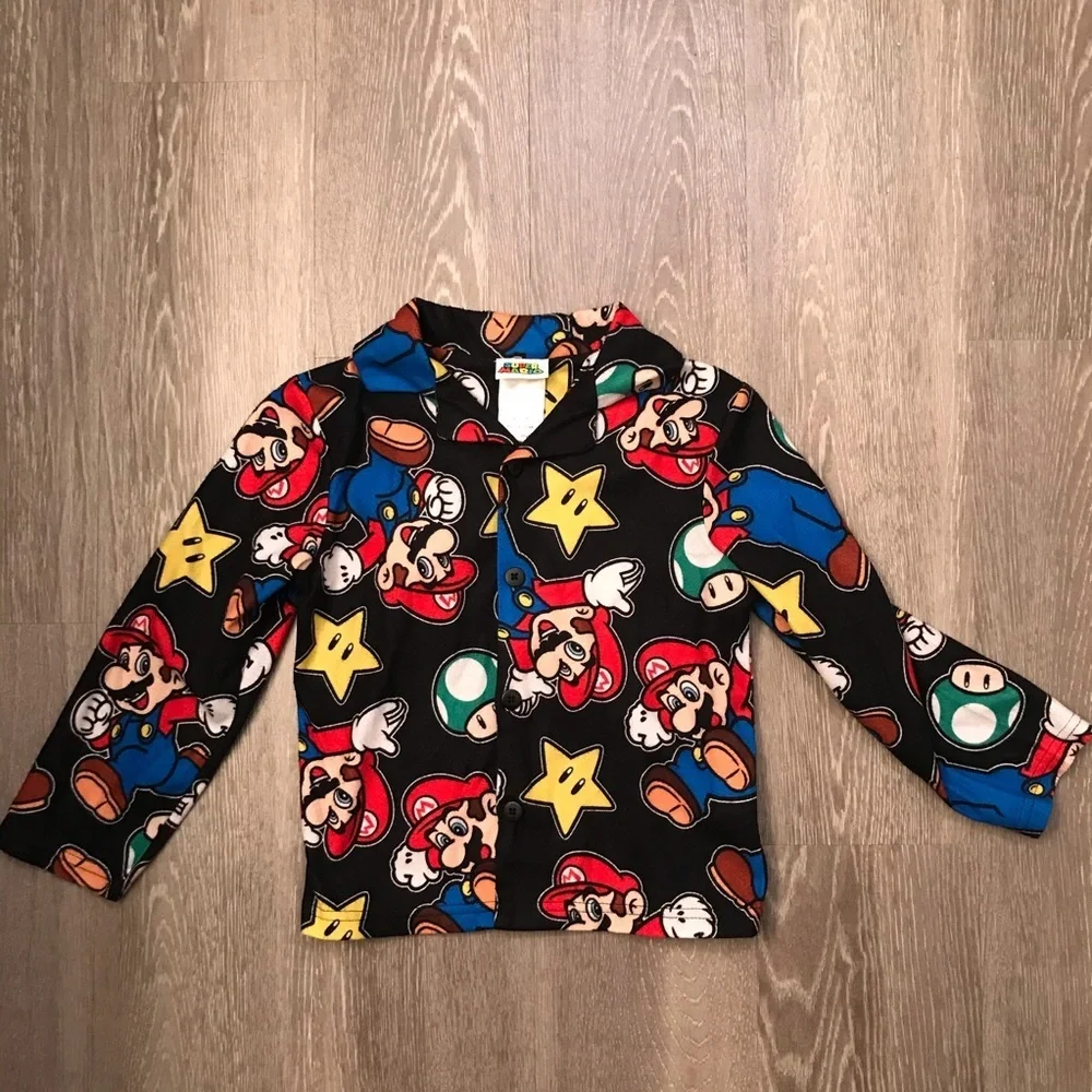 Super Mario Bros Boys‎ Pajama Top Size 6 Fleece Button Down Nintendo Black Shirt
